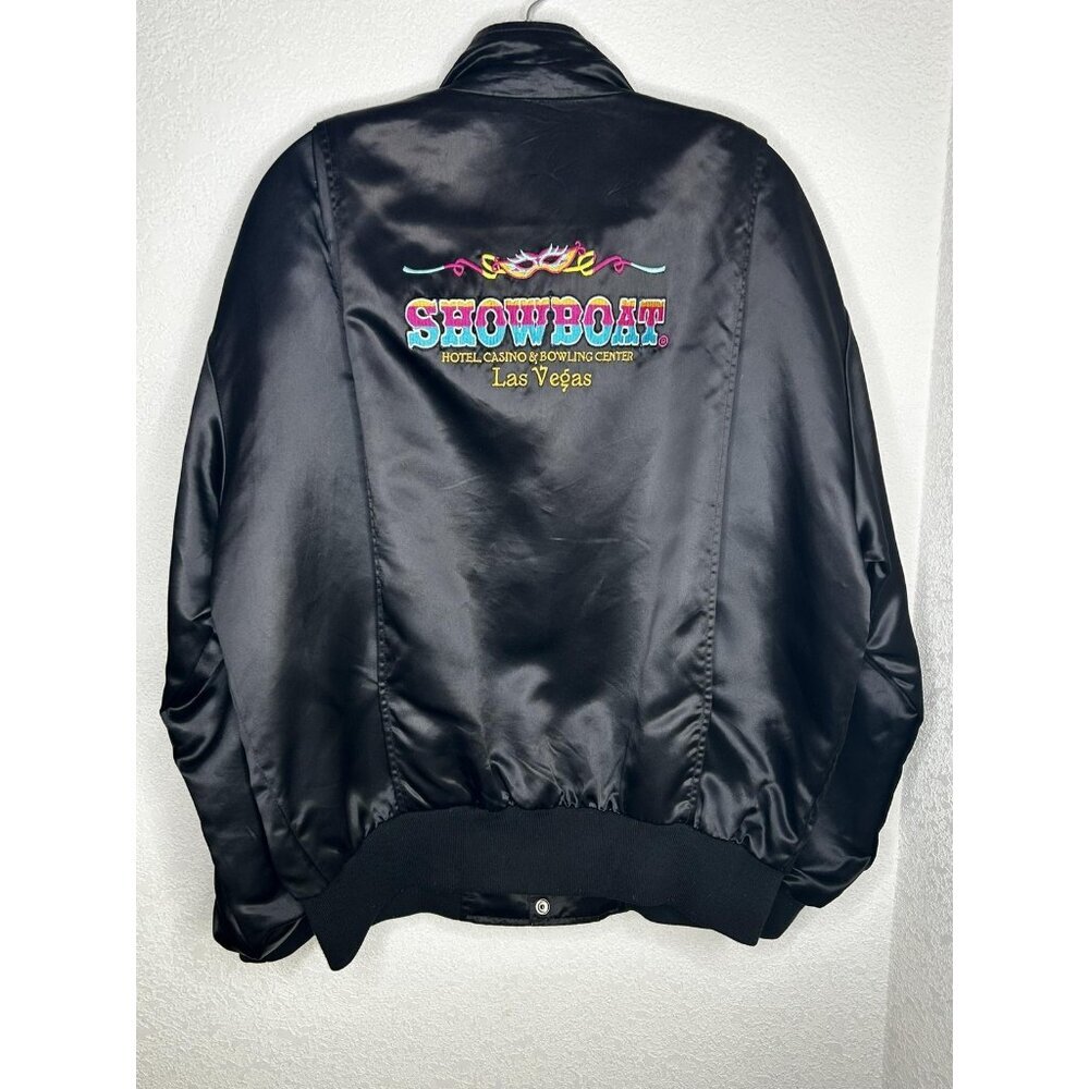 Vintage Showboat Las Vegas Jacket Mens Large Black Satin Bomber Hotel Casino 90s